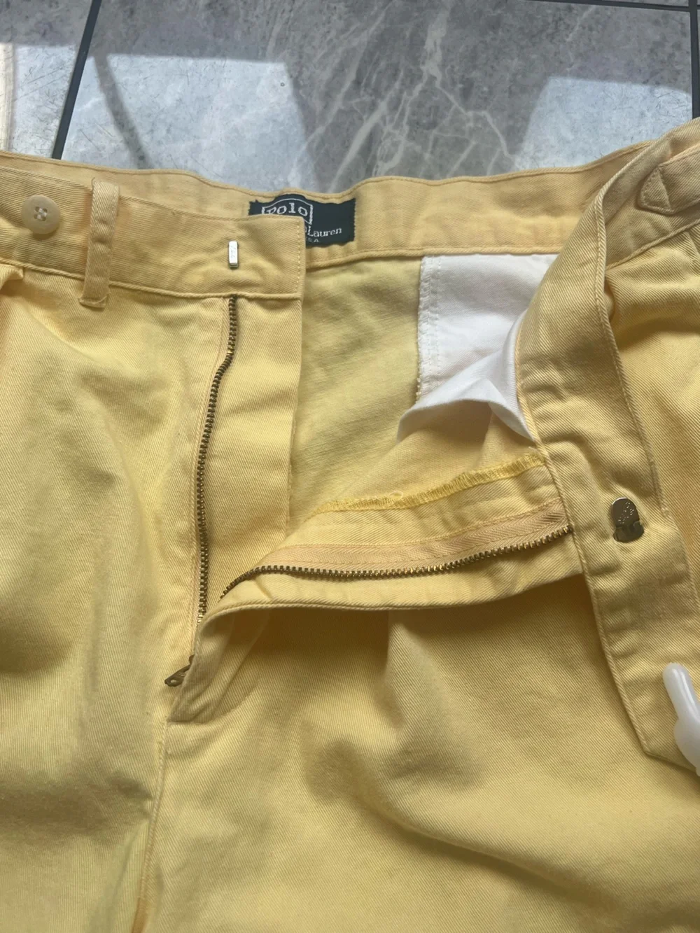 VTG Polo Ralph Lauren Yellow Pleated Chino Pants Side Tab Men 31Wx32L 100%Cotton